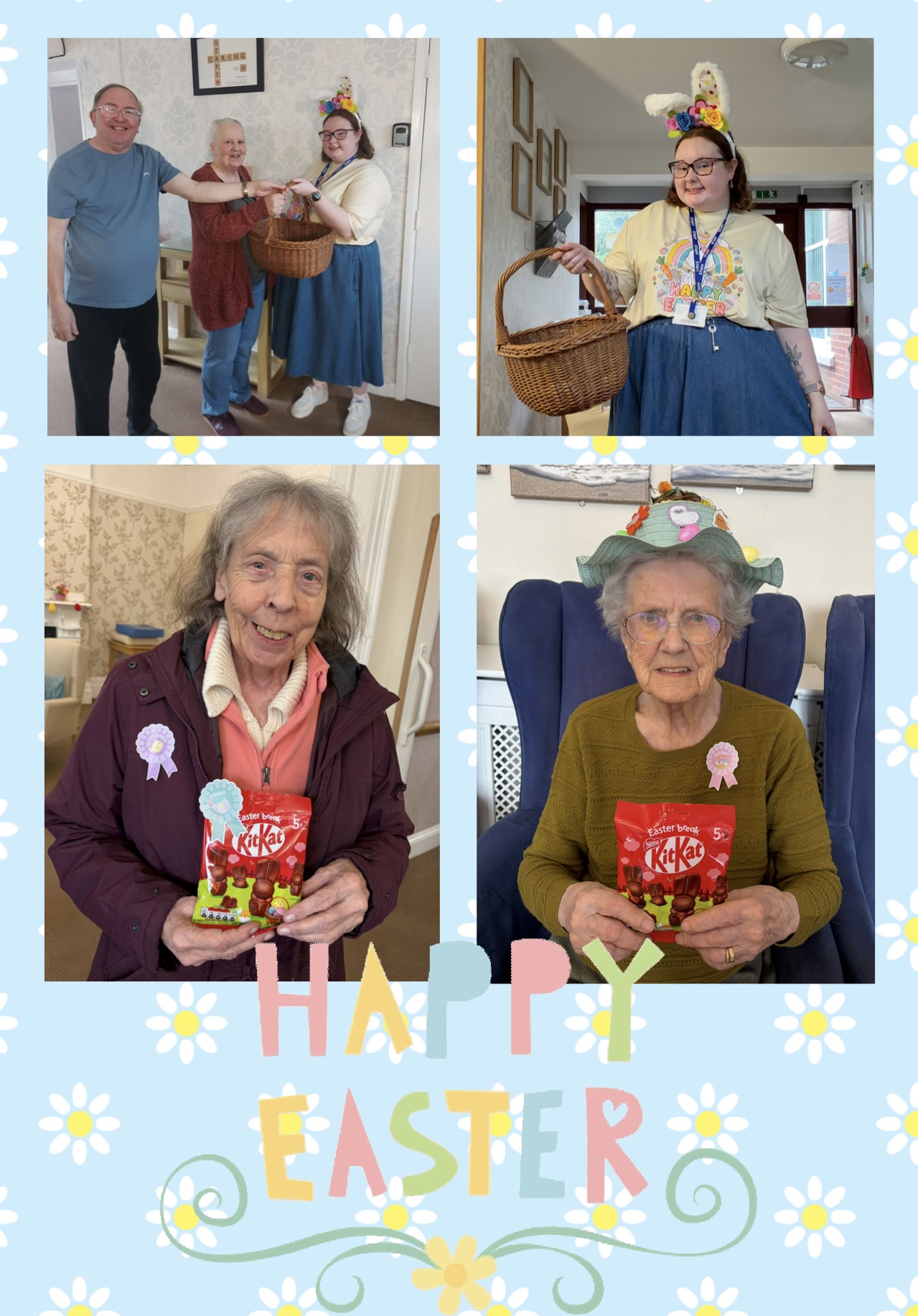 Carers handing out Easter eggs to residents