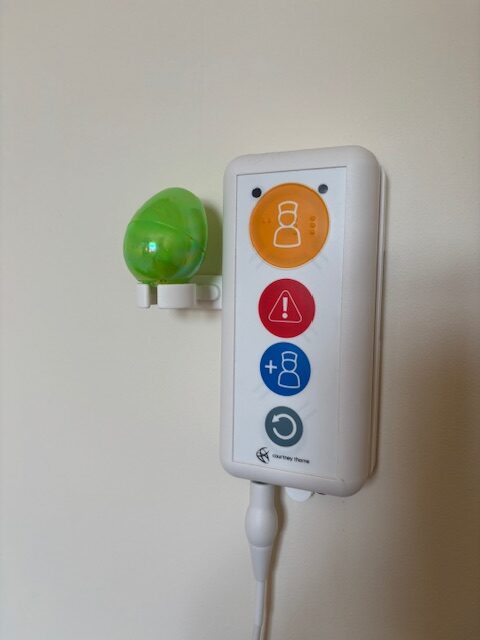 Green egg hidden on a wall bracket beside call button device