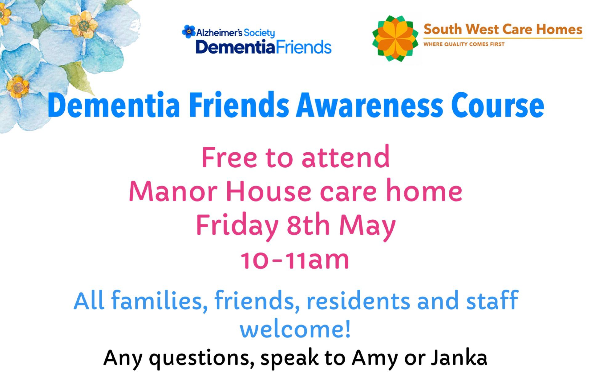 Poster for Dementia Friends Awareness Course at Manor House