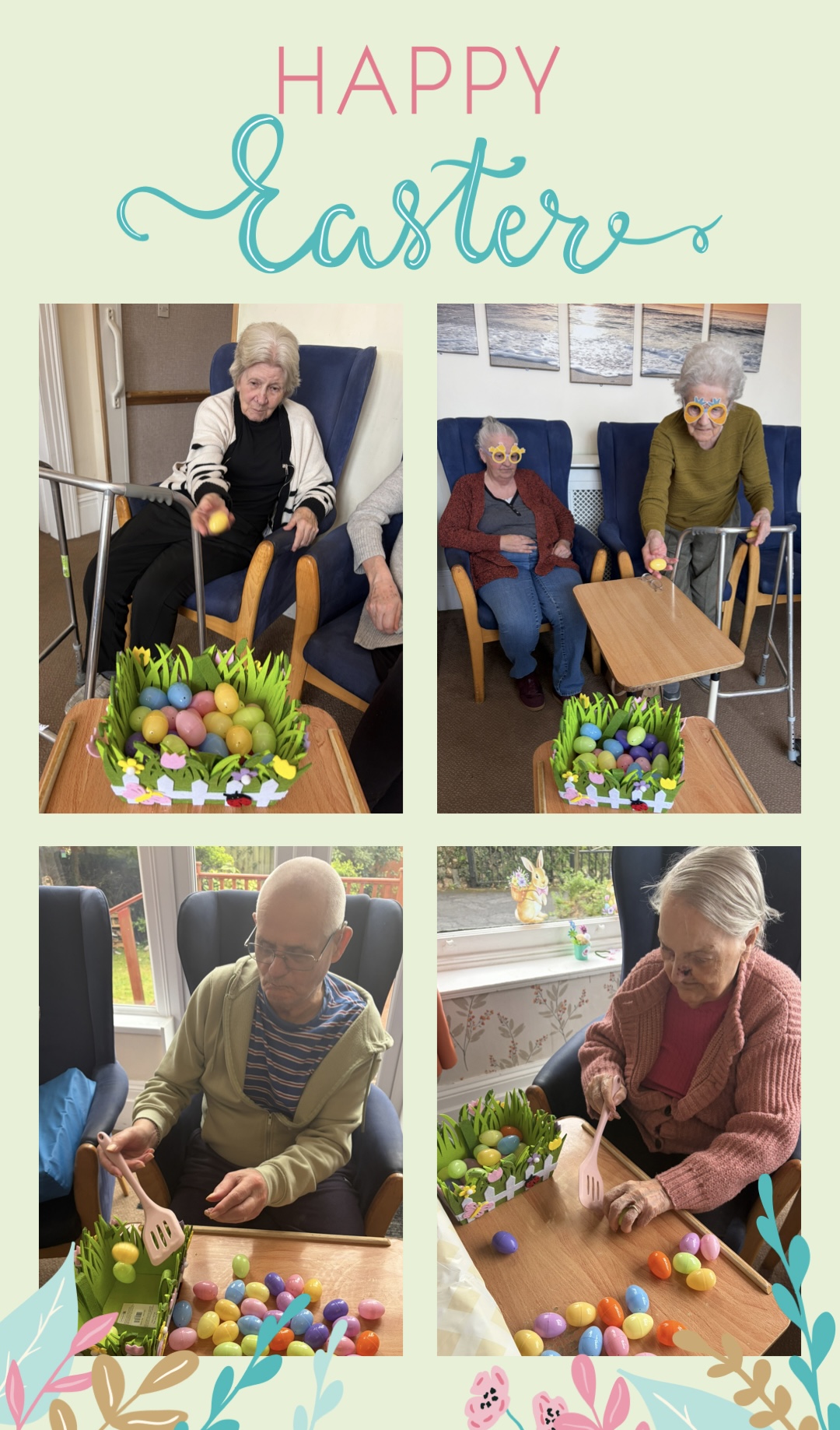 Residents placing plastic Easter eggs into garden decorated boxes