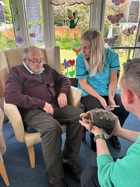 Robin being shown a tortoise being held by Simon