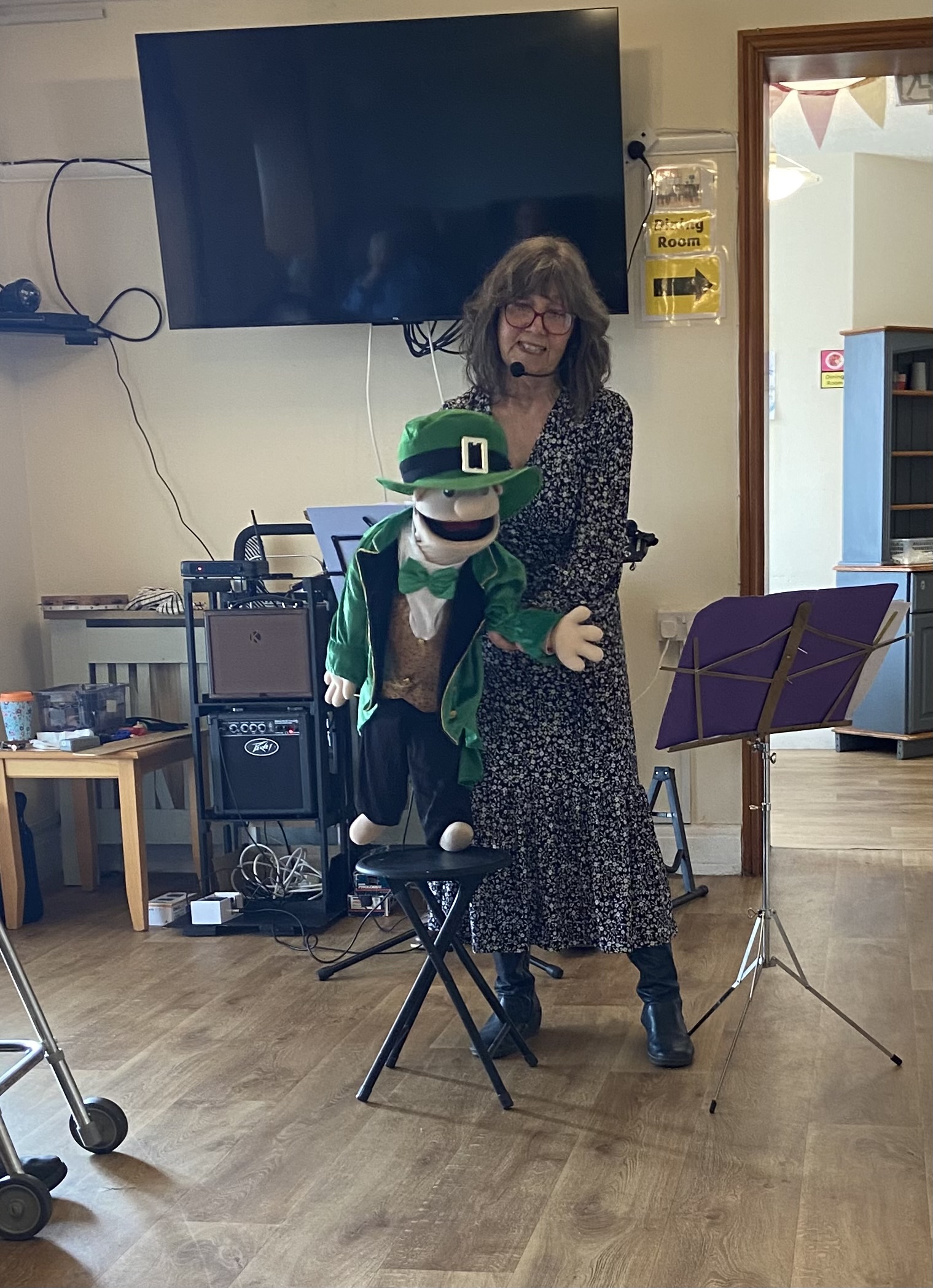 Seamus (puppet) with Glenis (puppeteer) celebrating St Patrick's Day