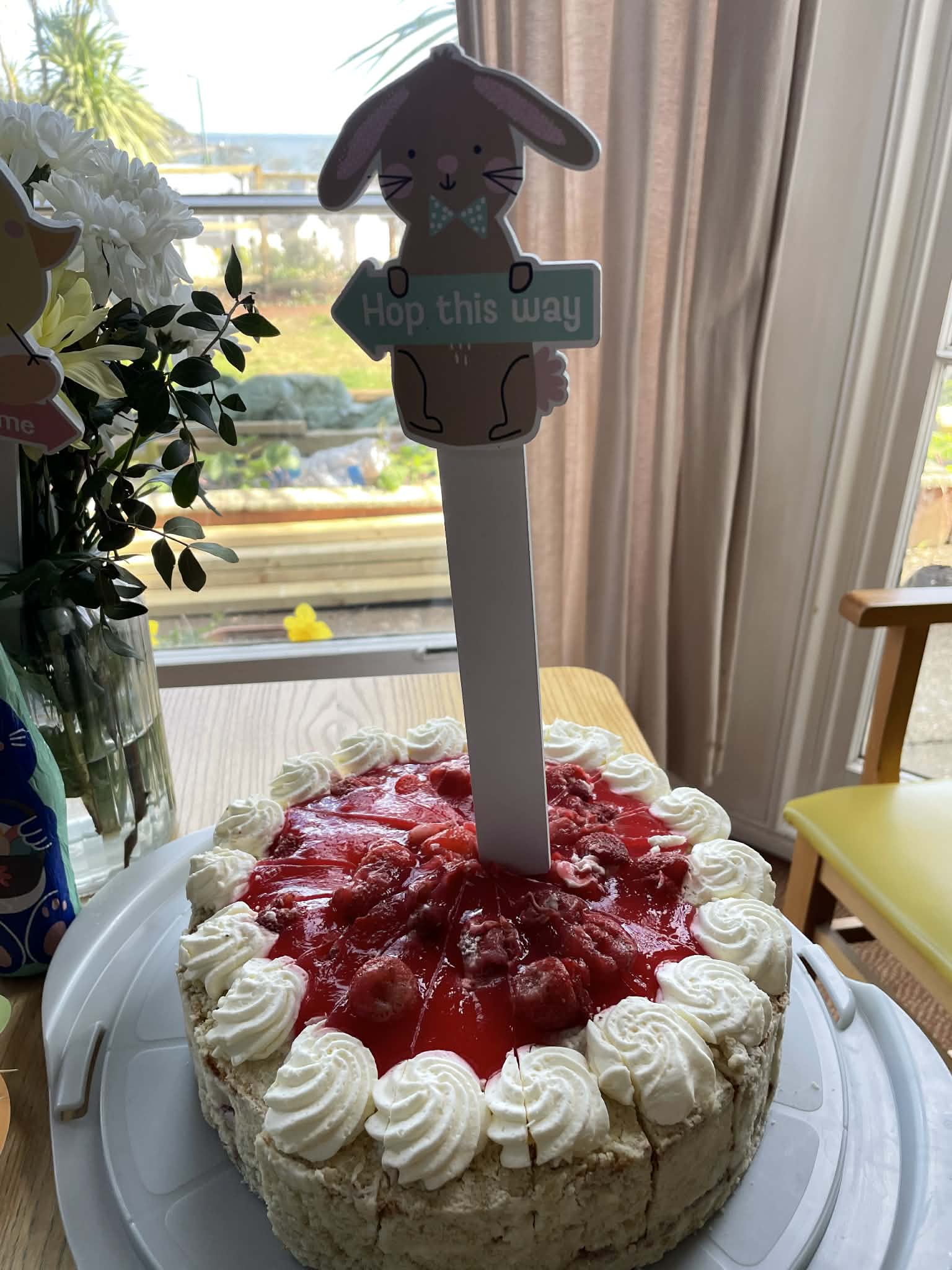 Strawberry gateau with Easter bunny decoration