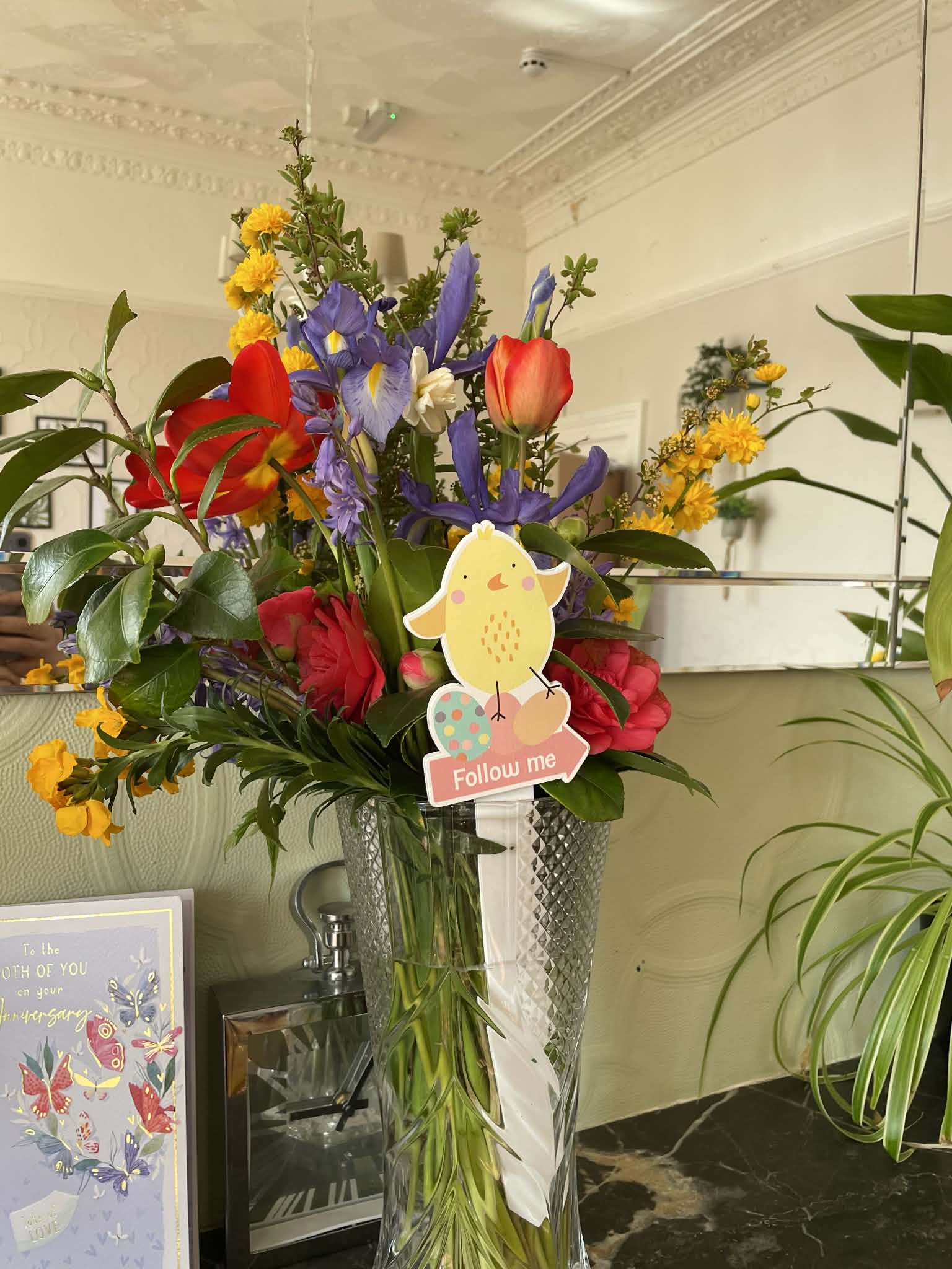 Vase of flowers with Easter decorations