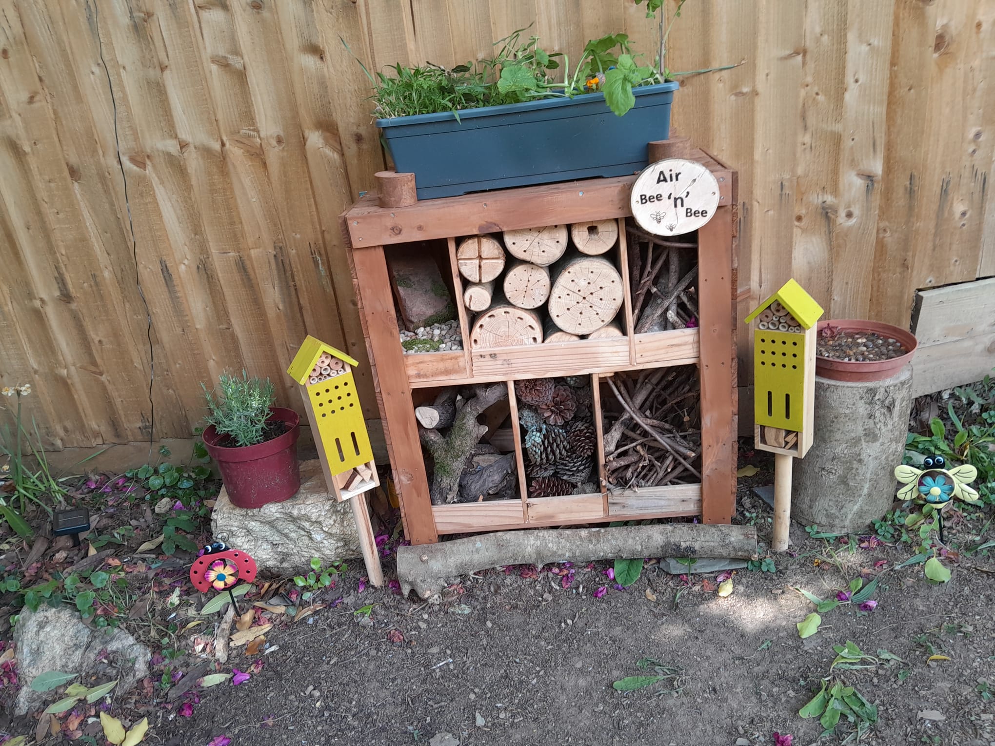 Air Bee n Bee in full with logs and sticks, pine cones and stones for insects to live in