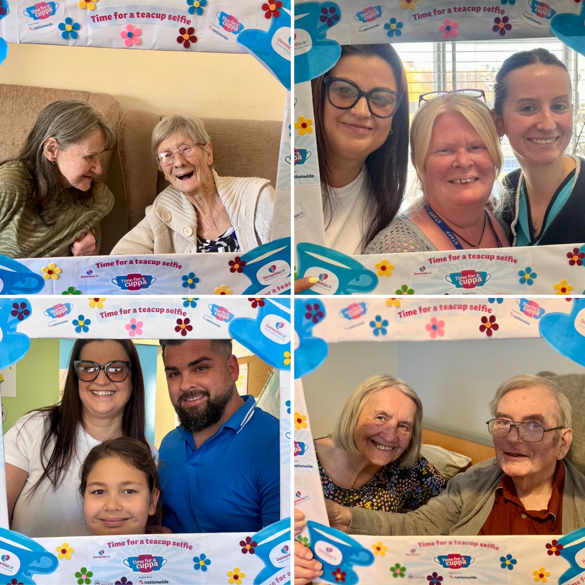 Collage of 4 photos of residents, staff and family holding a Time for a Cuppa picture frame in front of them