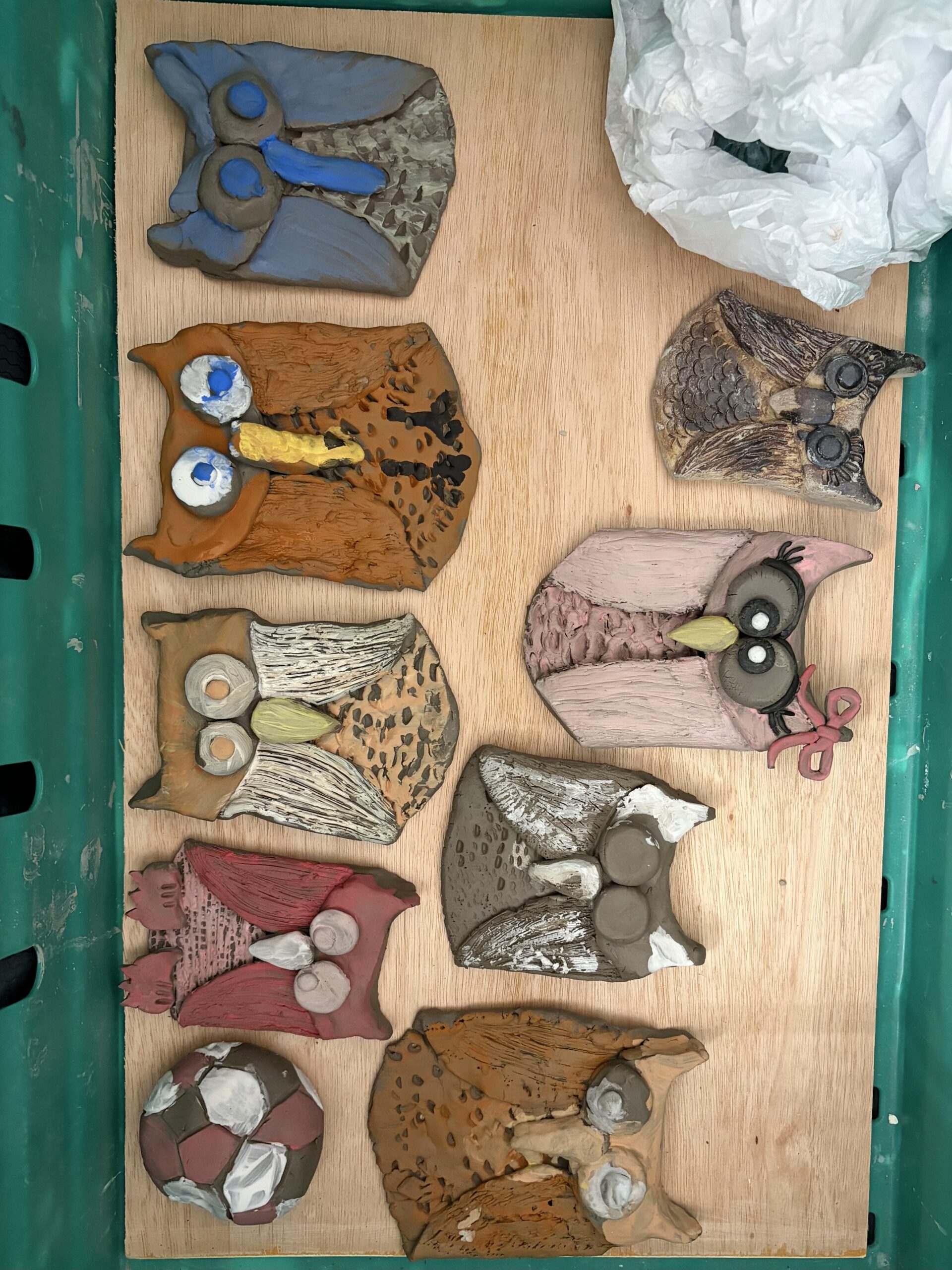 Finished clay owls of various colours, shapes and sizes