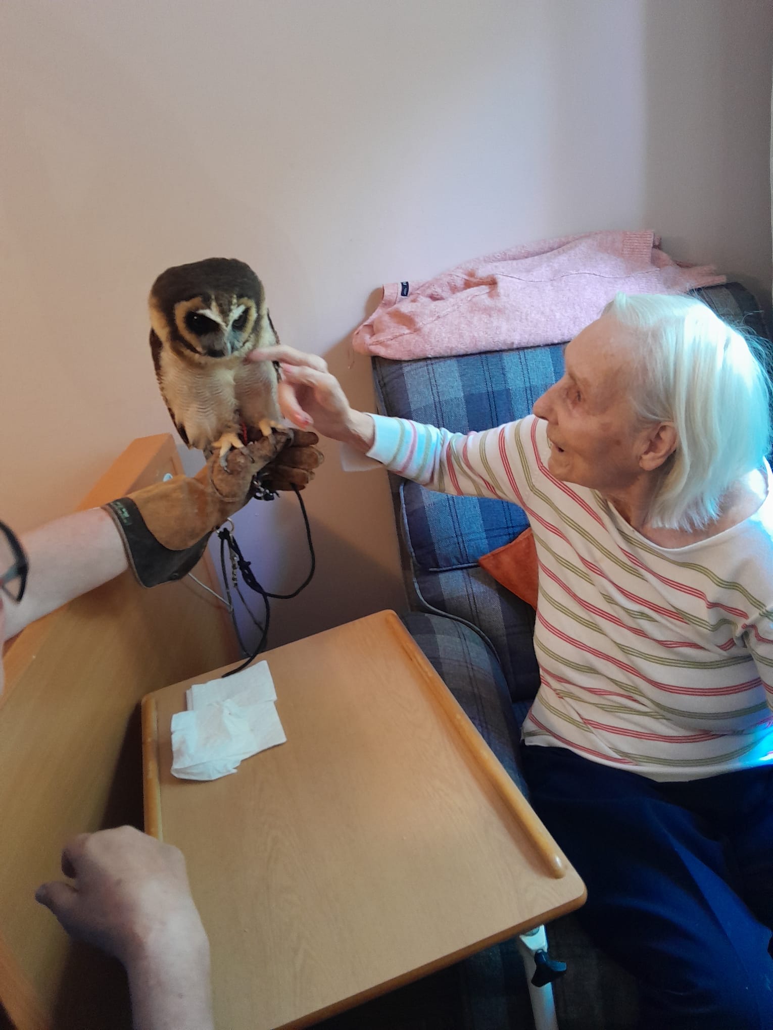 Muriel seated whilst stroking Bill the Owl's chest